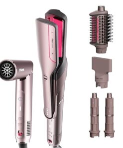 Shark FlexFusion Hair Straightener & Powerful Hair Dryer with Fusion Hair Brush, Ceramic Air Styler with Auto-Wrap Hair Curlers & Concentrator, Ceramic Plates, Cosmic Blush HD641S