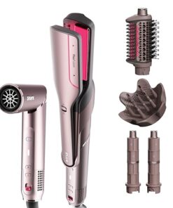 Shark FlexFusion Hair Straightener & Powerful Hair Dryer with Diffuser, Fusion Hair Brush, Ceramic Air Styler with Auto-Wrap Hair Curlers, Ceramic Plates, Cosmic Blush HD642S