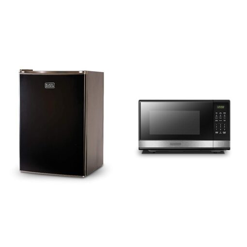 BLACK+DECKER BCRK25B Compact Refrigerator Energy Star Single Door Mini Fridge with Freezer, 2.5 Cubic Feet, Black & EM031MB11 Digital Microwave Oven with Turntable Push-Button Door, Child Safety Lock