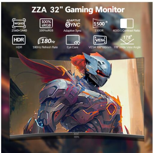ZZA 32-Inch QHD Curved Gaming Monitor - 2K Resolution, 165Hz/180Hz Refresh Rate, 1ms Response Time, FreeSync & G-Sync, HDR10, 122% sRGB Coverage, DP/HDMI, VESA Mount Compatible - Image 7