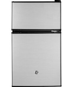 GE Mini Fridge With Freezer | 3.1 Cubic Ft. | Double-Door Design With Glass Shelves, Crisper Drawer & Spacious Freezer | Small Refrigerator Perfect for the Garage, Dorm Room, or Bedroom | Clean Steel