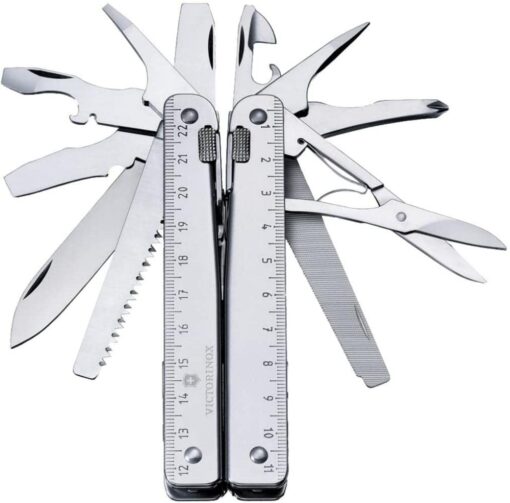 Victorinox Swiss Tool Swiss Army Knife, 24 Function Swiss Made Multi-Tool with Needle-Nose Pliers, Wire Cutters and Large Blade - Silver