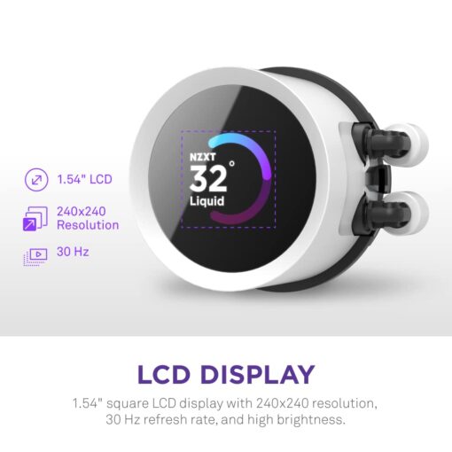 NZXT Kraken 240 RGB - 240mm AIO CPU Liquid Cooler - Customizable 1.54"" Square LCD Display for Images, Performance Metrics - High-Performance Pump - 2 x F120 RGB Core Fans - White - Image 8