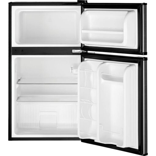 GE Mini Fridge With Freezer | 3.1 Cubic Ft. | Double-Door Design With Glass Shelves, Crisper Drawer & Spacious Freezer | Small Refrigerator Perfect for the Garage, Dorm Room, or Bedroom | Clean Steel - Image 3