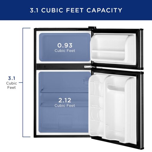 GE Mini Fridge With Freezer | 3.1 Cubic Ft. | Double-Door Design With Glass Shelves, Crisper Drawer & Spacious Freezer | Small Refrigerator Perfect for the Garage, Dorm Room, or Bedroom | Clean Steel - Image 4