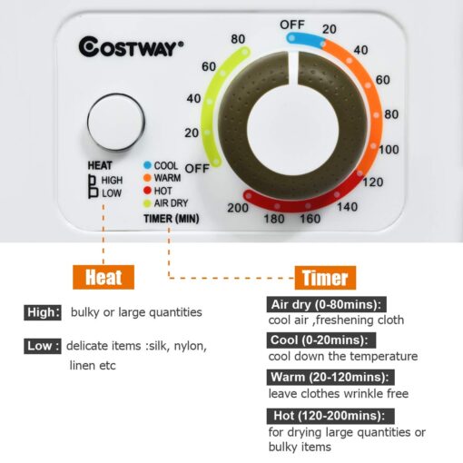 COSTWAY GYJ25-78 110V Electric Portable Clothes Stainless Steel Tub Laundry Dryer, for 4 Automatic Drying Mode, White - Image 8