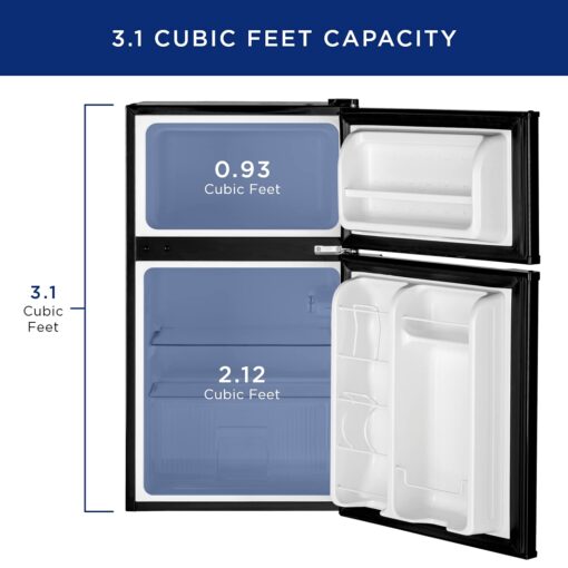GE Mini Fridge With Freezer | 3.1 Cubic Ft. | Double-Door Design With Glass Shelves, Crisper Drawer & Spacious Freezer | Small Refrigerator Perfect for the Garage, Dorm Room, or Bedroom | Black - Image 6