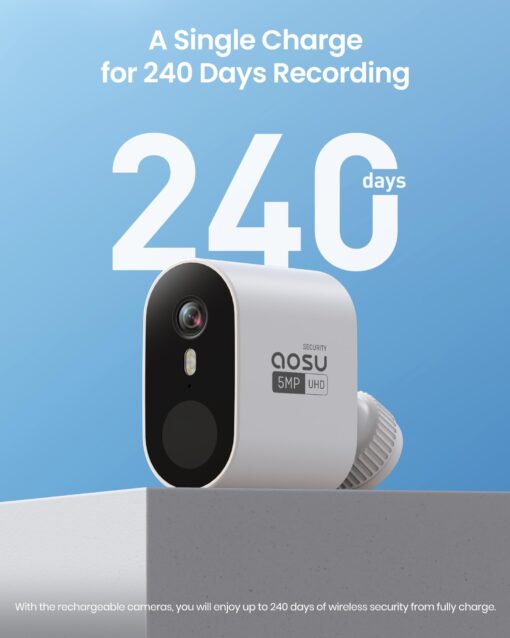 AOSU Security Cameras Wireless Outdoor - 3K 5MP Ultra HD, Home Security System, 240-Day Battery Life, Motion Detection, 166° Wide View, Night Vision, 32GB Local Storage, No Monthly Fee - Image 8