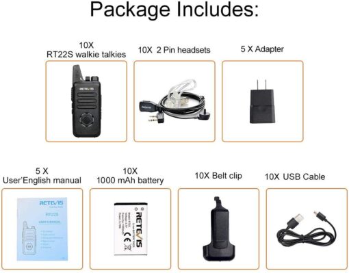 Retevis RT22S Walkie Talkies for Adults,2 Way Radio with Earpiece, Portable FRS Two-Way Radios,Channel Display, Mini Rechargeable Walkie Talkie for Church School Retail Restaurant Automotive(10 Pack) - Image 2