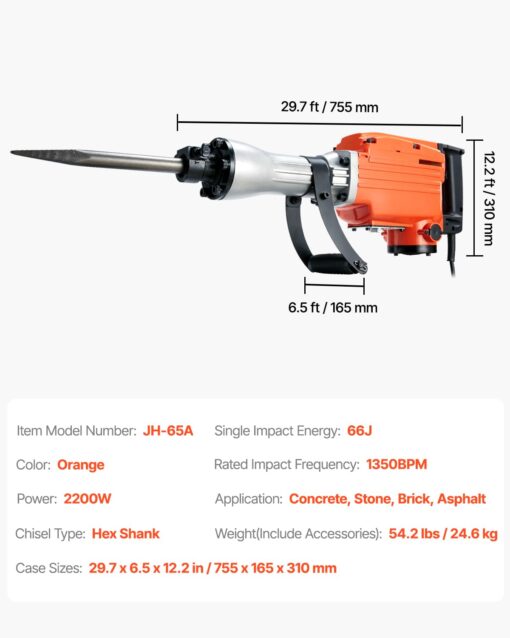 VEVOR Demolition Jack Hammer, MAX 2200W Electric Jackhammer Heavy Duty, 1350 BPM Concrete Breaker 4pcs Chisels Bit Chipping W/Case, Gloves - Image 4