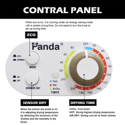 Panda Compact Dryer 13.2 lbs Load Volume 110V 1500W Portable Clothes Dryer 3.5 cu.ft. Stainless Steel Tub, 4 Drying Modes - Image 6
