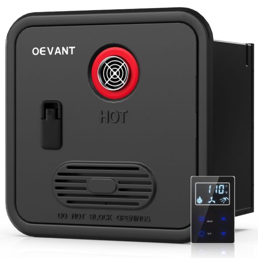 OEVANT RV Tankless Water Heater,55,000 BTU RV Instant Water Heater with Remote Controller,16x16 inch Door＆Front Water Outlet,Propane Gas, DC 12V, CSA Certificated, Compatible with All RVs-Black