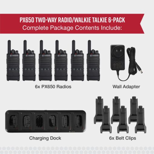 Cobra PX650 BCH6 - Professional/Business Walkie Talkies - Rechargeable, 300,000 sq. ft/25 Floor Range, Dust Protected and Splashproof (IP54 rating), Two-Way Radio Set (6-Pack) - Image 2