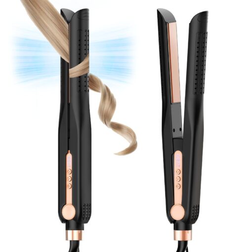 SKIMI Airflow Styler, Titanium Flat Iron Hair Straightener, Professional Curling Iron with Cooling Air Vents to Lock in Style, 5 Temps & Dual Voltage, Auto Off(Black & Champagne).