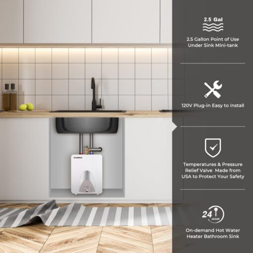 CAMPLUX Electric Mini Tank Water Heater 2.5 Gallons (ME25), Eliminate Time for Hot Water - Shelf, Wall or Floor Mounted - Image 7
