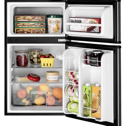 GE Mini Fridge With Freezer | 3.1 Cubic Ft. | Double-Door Design With Glass Shelves, Crisper Drawer & Spacious Freezer | Small Refrigerator Perfect for the Garage, Dorm Room, or Bedroom | Clean Steel - Image 2
