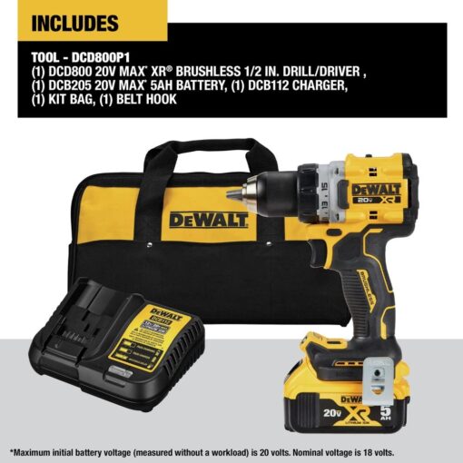 DEWALT 20V MAX* XR® Brushless Cordless 1/2 in. Drill/Driver Kit (DCD800P1), Yellow - Image 8
