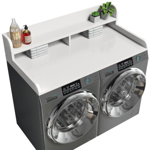 Corbyles 2-Tier Washer Dryer Countertop with 2.75"H Edge Rails, 54" W x 27.55" D Laundry Countertop for Folding Clothes, Washer and Dryer Topper with Non-Slip Pad (White)