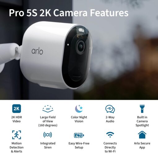 Arlo Pro 5S 2K Spotlight Camera - Wireless Home Security Camera with Spotlight, Color Night Vision, Dual-Band Wi-Fi & 2-Way Audio - White, 3 Pack, VMC4360P - Image 8