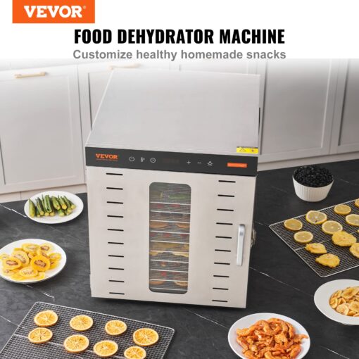 VEVOR Food Dehydrator Machine, 10 Stainless Steel Trays, 1000W Electric Food Dryer with Digital Adjustable Timer & Temperature for Jerky, Herb, Meat, Beef, Fruit, Dog Treats and Vegetables - Image 9