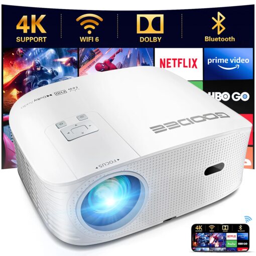 GooDee Smart 4K 1080P Projector - Video Projector with WiFi and Bluetooth, Movie Outdoor Projector for Home Theater Dolby Audio Zoom Portable Projector TV Stick, Netflix/Amazn Prime Video Certified