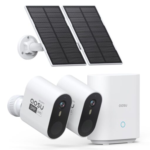 AOSU 3K/5MP Solar Security Cameras Wireless Outdoor, Ultra-Wide-Angle, Cam-to-Cam Track & Sync, Home Security System with Color Night Vision, Spotlight Smart Alarm, No Subscription, 2.4G & 5G WiFi