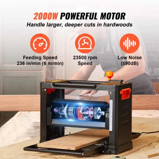 VEVOR Power Benchtop Planers, Three-Blade, Two Speed, 13" Width Worktable Thickness Planer with Extended Infeeding Table, Low Noise for both hard & soft wood material removal - Image 6