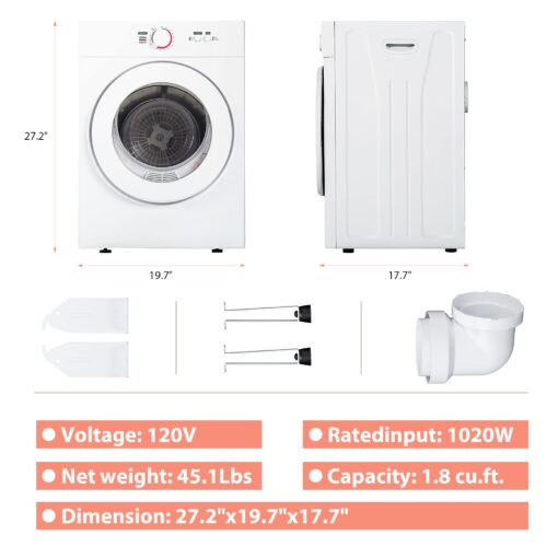 Euhomy Compact Dryer 1.8 cu. ft. Portable Clothes Dryers with Exhaust Duct with Stainless Steel Liner Four Function Small Dryer Machine, Suitable for Apartments, Dorm, RVs, White - Image 2