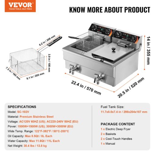 VEVOR Commercial Deep Fryer, Dual Tank 3000W Electric Countertop Fryer with Basket, 2 x 11.6Qt/11L Double Stainless Steel Oil Fryer with Drain, Time & Temp Control, for Kitchen Restaurant Use - Image 4