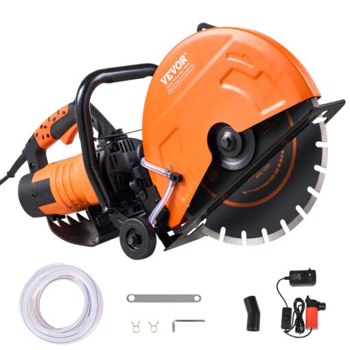 VEVOR Electric Concrete Saw, 14 in Circular Saw Cutter with 5 in Cutting Depth, Wet/Dry Disk Saw Cutter Includes Water Line, Pump and Blade, for Stone, Brick, Porcelain, Concrete, 2600W/15A Motor