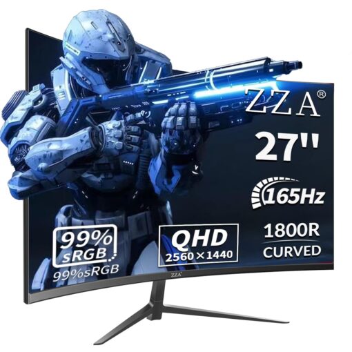 ZZA 27 Inch QHD 2560 x 1440 Gaming Monitor 165Hz 1ms Fast IPS Computer Monitor,1800R, HDMI 2.0 x2 |DP1.4x2 VESA Mount, 99% sRGB HDR Eye Care Metal Stand
