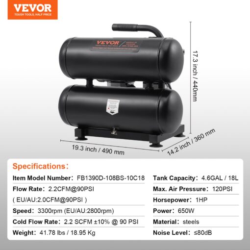 VEVOR Air Compressor, 4.6 Gallon Steel Tank, 1HP 2.2CFM@90 PSI Oil Free Air Compressor & Max 120PSI Pressure, 80dB Ultra Quiet Portable Compressor for Auto Repair, Tire Inflation, Spray Painting, 120V - Image 7