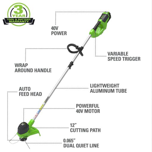 Greenworks ST40B410 Cordless String, 12" Trimmer (4.0Ah), Green & Black - Image 13