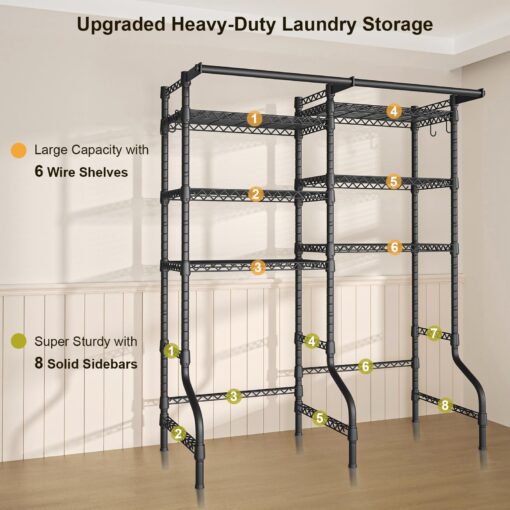Ulif U13 Over Washer and Dryer Storage Shelves, 6 Tiers Laundry Room Standing Shelf with 2 Hanger Rods, Space Saver Clothes Drying Rack, 63.4" W x 22" D x 77.4" H, Black - Image 4
