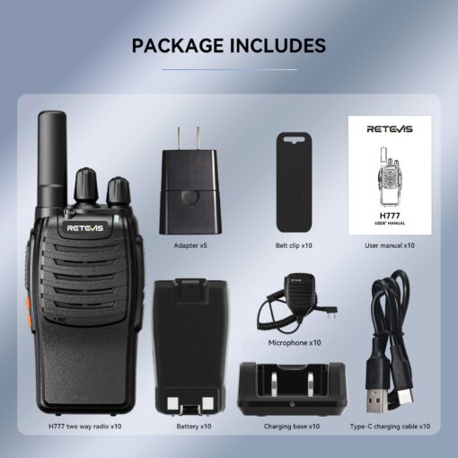 Retevis H-777 Walkie Talkies with Mic, Adults 2 Way Radios Long Range Rechargeable, License-Free, Crystal Audio, for School Work Construction Site(10 Pack) - Image 4