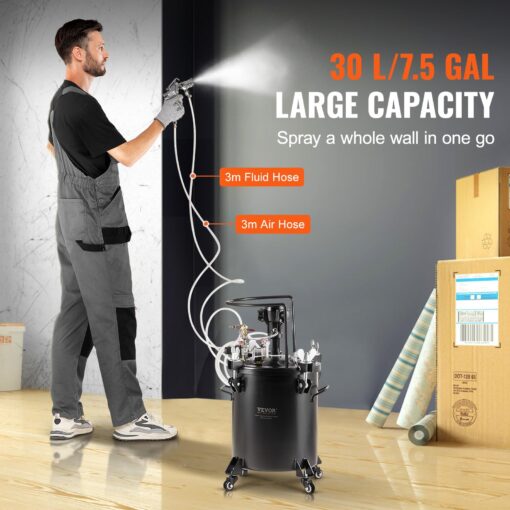 VEVOR Spray Paint Pressure Pot, 30 L/7.5 gal Fully Automatic Stirring Pressure Pot Tank, 70 psi Adjustale Pressure, Pressure Pot Paint Tank with Spray Gun and Hoses, for Home Decor Industry Painting - Image 8