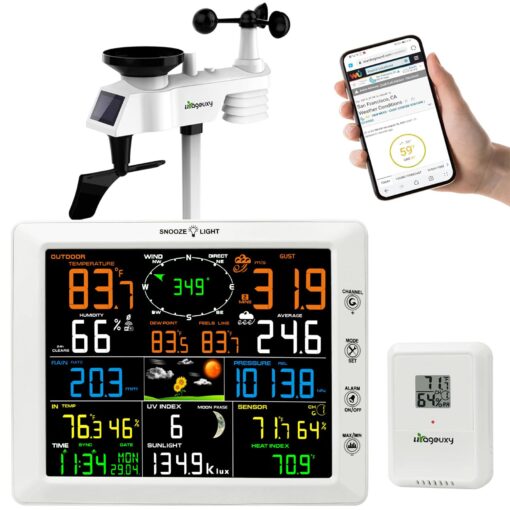 Urageuxy WiFi Weather Station with Color Display, Wireless Indoor/Outdoor Weather Monitor - Rain Gauge, Wind Speed/Direction, Anemometer, UV Index & Outdoor Sensor