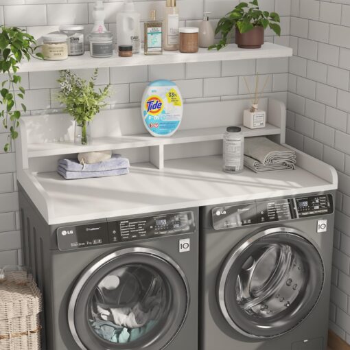 Corbyles 2-Tier Washer Dryer Countertop with 2.75"H Edge Rails, 54" W x 27.55" D Laundry Countertop for Folding Clothes, Washer and Dryer Topper with Non-Slip Pad (White) - Image 8