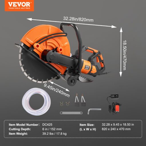 VEVOR Electric Concrete Saw, 16 in, 3200 W 15 A Motor Circular Saw Cutter with Max. 6 in Adjustable Cutting Depth, Wet Disk Saw Cutter Includes Water Line, Pump and Blade, for Stone, Brick Orange - Image 4