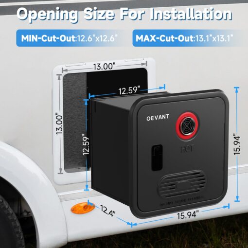 OEVANT RV Tankless Water Heater,55,000 BTU RV Instant Water Heater with Remote Controller,16x16 inch Door＆Front Water Outlet,Propane Gas, DC 12V, CSA Certificated, Compatible with All RVs-Black - Image 4