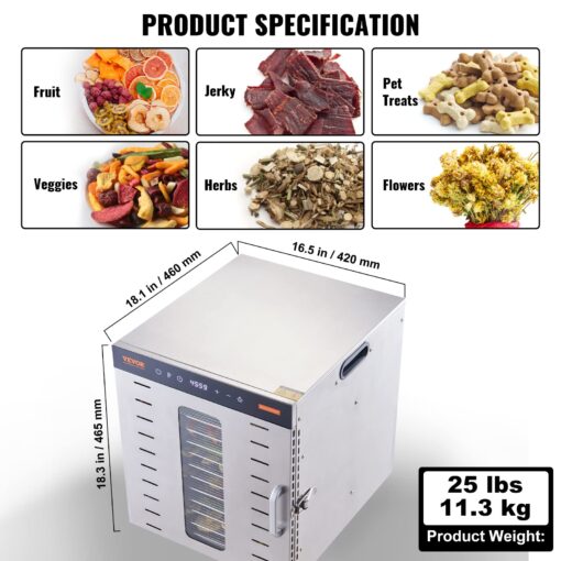 VEVOR Food Dehydrator Machine, 10 Stainless Steel Trays, 1000W Electric Food Dryer with Digital Adjustable Timer & Temperature for Jerky, Herb, Meat, Beef, Fruit, Dog Treats and Vegetables - Image 4
