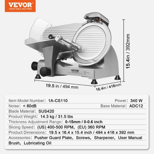 Meat Slicer, 340W Electric Deli Food Slicer with 10" SUS420 Stainless Steel Blade and Built-in Sharpening Stone, 0-0.6 inch Adjustable Thickness for Commercial and Home Use, Cut Meat and Cheese - Image 4