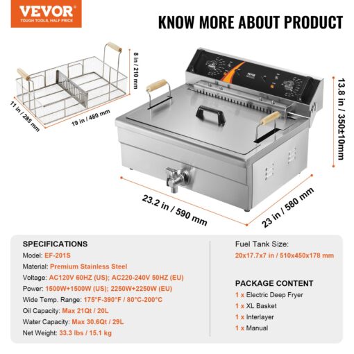 VEVOR Commercial Deep Fryer, 3000W Electric Turkey Fryer with Basket, Large Capacity 30.6Qt / 29L Countertop Single Oil Fryer, Stainless Steel, Temp Control, for Kitchen Restaurant Use, Silver - Image 7