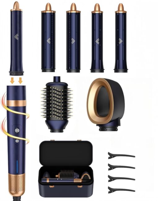 T-GOGO Hair Dryer Brush Professional: 6 in 1 Hot Air Hair Styler & Dryer Set, Powerful Hair Air Curling Iron High-Speed Negative Ionic Blow Dryer, Auto-Wrap, No Heat Damage (Dark Blue)