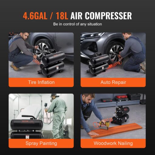 VEVOR Air Compressor, 4.6 Gallon Steel Tank, 1HP 2.2CFM@90 PSI Oil Free Air Compressor & Max 120PSI Pressure, 80dB Ultra Quiet Portable Compressor for Auto Repair, Tire Inflation, Spray Painting, 120V - Image 8