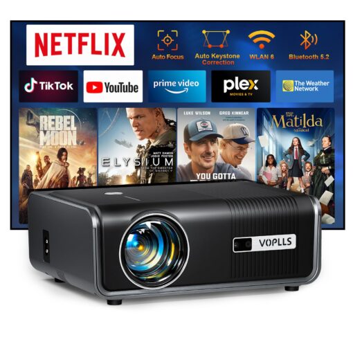 [Netflix Official & Auto Focus/Keystone] Smart Projector with WiFi and Bluetooth, VOPLLS 700ANSI Native 1080P Outdoor Projector, 50% Zoom Home Theater Movie Projector for Bedroom/iOS/Android