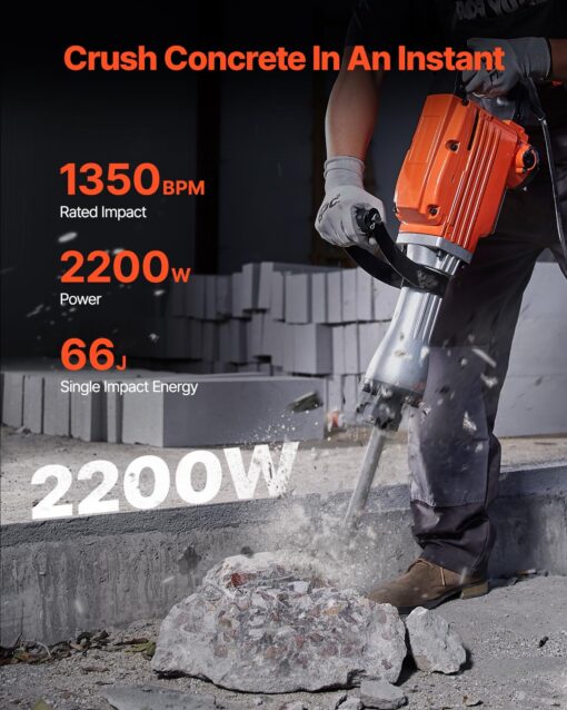 VEVOR Demolition Jack Hammer, MAX 2200W Electric Jackhammer Heavy Duty, 1350 BPM Concrete Breaker 4pcs Chisels Bit Chipping W/Case, Gloves - Image 9