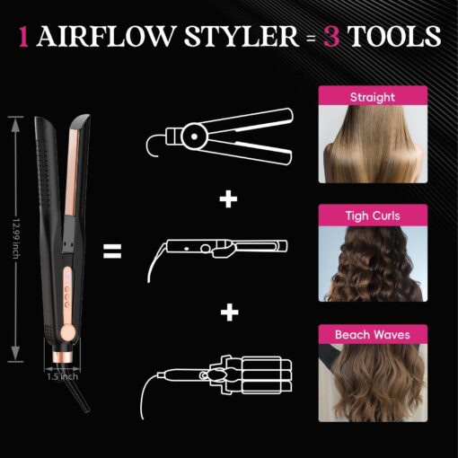 SKIMI Airflow Styler, Titanium Flat Iron Hair Straightener, Professional Curling Iron with Cooling Air Vents to Lock in Style, 5 Temps & Dual Voltage, Auto Off(Black & Champagne). - Image 5