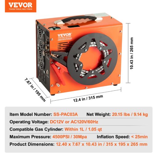 VEVOR PCP Air Compressor, 4500PSI/30Mpa Portable PCP Airgun Compressor with Built-in Power Converter, Auto-Stop | DC12V/AC120V | Oil & Water-Free Air Rifle, Paintball and Scuba Tank Compressor Pump - Image 3