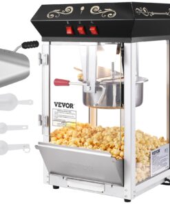 VEVOR Popcorn Maker, 850W Popcorn Popper Machine, 8 Oz Kettle Makes 48 Cups per Batch, Countertop Popcorn Maker with Tempered Glass, Includes 4 Scoops, Movie Theater Style, Black